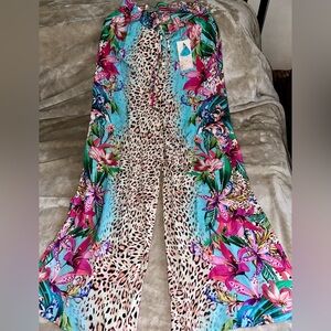 Johnny Was Miller Multicolor Floral & Leopard Print Wide-Leg Pants Rare Piece